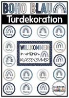 Vorschau - Mal- und Bastelvorlagen - Türdekoration Boho Blau | Klassenzimmer Deko | Türschilder | Begrüßung - Deckblatt
