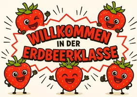 Vorschau - Bildkarten - Willkommensschild im Erdbeerdesign für Klasse 1/2 und 3/4 - Deckblatt