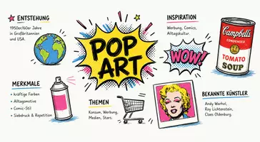 Vorschau - Arbeitsblätter - AB mit Fragen zum Thema "Pop Art" + Lösungsblatt + Mindmap + Infografik - Seite 1
