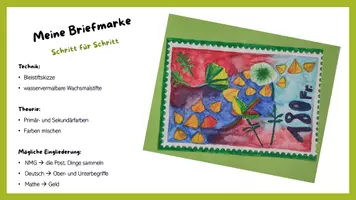 Vorschau - Arbeitsblätter - Kunst, Briefmarke gestalten, Schritt für Schritt, Wachsmalstifte, Primärfarben und Sekundärfarben, Farben mischen - Seite 1