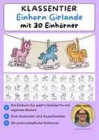 Vorschau - Mal- und Bastelvorlagen - Klassentier Girlande "Einhorn" für die Einhornklasse, zum Ausmalen - Deckblatt