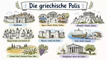 Vorschau - Arbeitsblätter - Arbeitsblatt "Die griechische Polis" + interaktive Lösung & MP3 + Mindmap + Infografiken - Seite 1