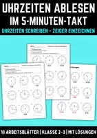 Vorschau - Arbeitsblätter - Uhrzeiten im 5-Minuten-Takt ablesen – Arbeitsblätter Klasse 2–3 | Uhrzeit schreiben & Zeiger einzeichnen | mit Lösungen - Deckblatt