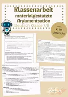 Vorschau - Klassenarbeiten - Klassenarbeit materialgestützte Argumentation Klasse 7/8 KI im Unterricht - Deckblatt