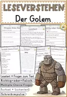 Vorschau - Arbeitsblätter - Sagen - Der Golem, Lesen und Verstehen Arbeitsblätter mit Lesetext, Fragen - Deckblatt