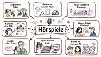 Vorschau - Arbeitsblätter - AB mit Fragen zum Thema "Hörspiele" + Lösungsblatt + Infografik - Seite 1