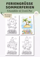 Vorschau - Mal- und Bastelvorlagen - Feriengruß Sommerferien zum Ausmalen | Strand & Meer Ausmalbilder Sommer Schuljahresende | Vorschule & Grundschule 1-4 Klasse - Deckblatt