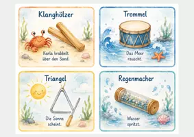 Vorschau - Bildkarten - Klanggeschichte Sommer: Karla, die kleine Krabbe findet einen Freund – Lied, Instrumentenkarten und Reflexionsfragen für Kita und Kindergarten - Seite 1