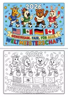 Vorschau - Mal- und Bastelvorlagen - KOSTENLOS: WM 2026 Ausmalbilder – Lesemotivation mit den WM-Maskottchen (Max, Lu, Juana & William) - Seite 1