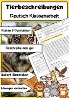 Vorschau - Arbeitsblätter - Tierbeschreibungen Klasse 6 Gymnasium Deutsch Klassenarbeit - Deckblatt