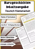 Vorschau - Arbeitsblätter - Kurzgeschichten Das Brot Wolfgang Borcher Inhaltsangabe Klassenarbeit Klasse 8 - Deckblatt
