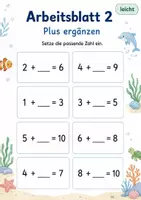 Vorschau - Arbeitsblätter - Plus mit fehlender Zahl bis 10 | Mathematik Klasse 1 | 5 Arbeitsblätter als PDF - Seite 2