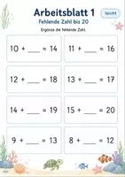 Vorschau - Arbeitsblätter - Plus mit fehlender Zahl bis 20 | Mathematik Klasse 1 | 5 Arbeitsblätter als PDF - Seite 1