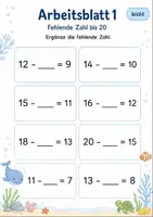 Vorschau - Arbeitsblätter - Minus mit fehlender Zahl bis 20 | Mathematik Klasse 1 | 5 Arbeitsblätter als PDF - Seite 1