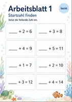 Vorschau - Arbeitsblätter - Fehlende Startzahl bei Plusaufgaben bis 20 | Mathematik Klasse 1 | 5 Arbeitsblätter als PDF - Seite 1