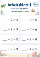 Vorschau - Arbeitsblätter - Fehlende Startzahl bei Minusaufgaben bis 20 | Mathematik Klasse 1 | 5 Arbeitsblätter als PDF - Seite 1