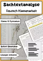 Vorschau - Arbeitsblätter - Sachtextanalyse Klassenarbeit Deutsch Klasse 10 - Deckblatt