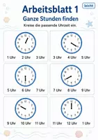Vorschau - Arbeitsblätter - Passende Uhrzeit finden | Mathematik Klasse 1 | 5 Arbeitsblätter als PDF - Seite 1