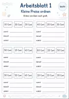 Vorschau - Arbeitsblätter - Preise ordnen bis 1 Euro | Mathematik Klasse 1 | 5 Arbeitsblätter als PDF - Seite 1