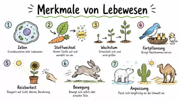 Vorschau - Arbeitsblätter - AB mit Fragen zum Thema "Merkmale von Lebewesen" + Lösungsblatt + Mindmap + Infografik - Seite 1