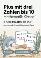 Vorschau - Arbeitsblätter - Plus mit drei Zahlen bis 10 | Mathematik Klasse 1 | 5 Arbeitsblätter als PDF - Deckblatt
