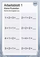 Vorschau - Arbeitsblätter - Plus mit drei Zahlen bis 10 | Mathematik Klasse 1 | 5 Arbeitsblätter als PDF - Seite 1