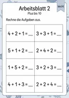 Vorschau - Arbeitsblätter - Plus mit drei Zahlen bis 10 | Mathematik Klasse 1 | 5 Arbeitsblätter als PDF - Seite 2