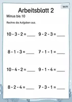 Vorschau - Arbeitsblätter - Minus mit drei Zahlen bis 10 | Mathematik Klasse 1 | 5 Arbeitsblätter als PDF - Seite 2