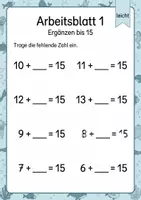 Vorschau - Arbeitsblätter - Ergänzen bis 15 | Mathematik Klasse 1 | 5 Arbeitsblätter als PDF - Seite 1