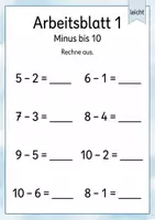 Vorschau - Arbeitsblätter - Minusaufgaben bis 15 | Mathematik Klasse 1 | 5 Arbeitsblätter als PDF - Seite 1
