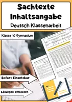 Vorschau - Arbeitsblätter - Sachtexte Inhaltsangabe Klassenarbeit Deutsch Klasse 6 - Deckblatt
