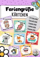 Vorschau - Bildkarten - Grußkärtchen / Feriengruß: Otterklasse, Koalaklasse, Lamaklasse, Fuchsklasse, Pinguinklasse. Sommerferien. Schuljahresende. - Deckblatt