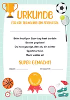 Vorschau - Fördermaterial/Inklusion - Sportfest Urkunden Grundschule – Teilnahmeurkunde für einzelne Kinder und Teams mit Text & Blanko - Sporttag & Sportverein - Seite 1