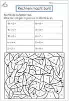 Vorschau - Arbeitsblätter - Addition im Zahlenraum 20 – Rechnen & Malen | Ausmalbild Delfin | 1. Klasse Grundschule - Seite 1