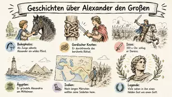 Vorschau - Arbeitsblätter - Arbeitsblätter zum Thema "Geschichten über Alexander den Großen" (Lückentext, Hörverstehen) + Lösung & MP3 + Mindmap + Infografik - Seite 1