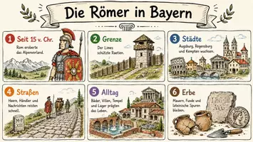 Vorschau - Arbeitsblätter - AB mit Fragen zum Thema "Die Römer in Bayern" + Lösungsblatt + Mindmap + Infografik - Seite 1