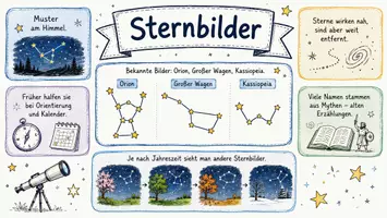 Vorschau - Arbeitsblätter - AB mit Fragen zum Thema "Sternbilder" + Lösungsblatt + Mindmap + Infografik - Seite 1