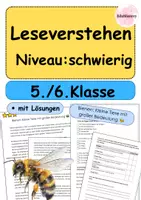 Vorschau - Arbeitsblätter - Leseverstehen Bienen: Kleine Tiere mit großer Bedeutung 🐝 | Sachtext + Aufgaben + Lösungen | Klasse 5/6 (schwierig 4 Seiten) - Deckblatt