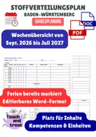 Vorschau - Unterrichtsreihen - Stoffverteilungsplan BW 2026/27 – Word + PDF | alle Fächer & Schulformen - Deckblatt