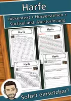 Vorschau - Unterrichtsreihen - Harfe Lückentext mit Wortspeicher Hörverstehen und Suchsel - Deckblatt