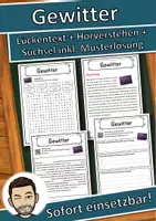 Vorschau - Unterrichtsreihen - Gewitter Lückentext mit Wortspeicher Hörverstehen und Suchsel - Deckblatt