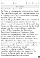 Vorschau - Arbeitsblätter - Geschichte des Döners Lesen und Verstehen Arbeitsblätter mit Lesetext, Fragen - Seite 1