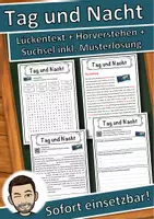 Vorschau - Unterrichtsreihen - Tag und Nacht Lückentext mit Wortspeicher Hörverstehen und Suchsel - Deckblatt