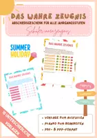 Vorschau - Arbeitsblätter - Wahres Zeugnis über Schüler:innen I Abschiedsgeschenk Sommerferien I Schülerzeugnis Vorlage + Planko zum selbst gestalten - Deckblatt