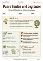 Vorschau - Spiele - Allgemeinwissen Paare Finden mit Begründung Unterrichtsspiel Klasse 5 bis 7 Vertretungsstunde - Deckblatt