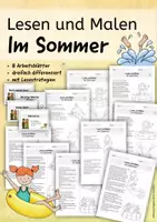 Vorschau - Stundenentwürfe - Lesen & Malen im Sommer (8 Arbeitsblätter, 3-fach differenziert, Klasse 1–3, mit Lesestrategien & Detektivkarten, Leseverständnis, lesen und verstehen) - Deckblatt