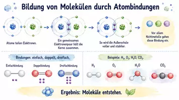 Vorschau - Arbeitsblätter - Arbeitsblatt "Bildung von Molekülen durch Atombindungen" + interaktive Lösung & MP3 + Mindmap + Infografik - Seite 1