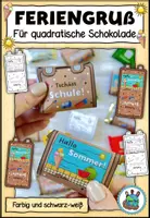 Vorschau - Mal- und Bastelvorlagen - Feriengrüße / Abschiedesgeschenk für quadratische Schokolade "Tschüss Schule! Hallo Sommer!" - Deckblatt