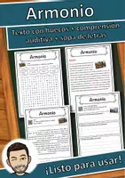 Vista previa - Hojas de trabajo - Armonio Ficha de música: texto con huecos, comprensión auditiva y sopa de letras - Portada