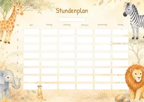 Vorschau - Poster - Stundenplan Zoo: zum Ausfüllen für die Grundschule, Löwe, Elefant, Giraffe & Safari Tiere - Deckblatt